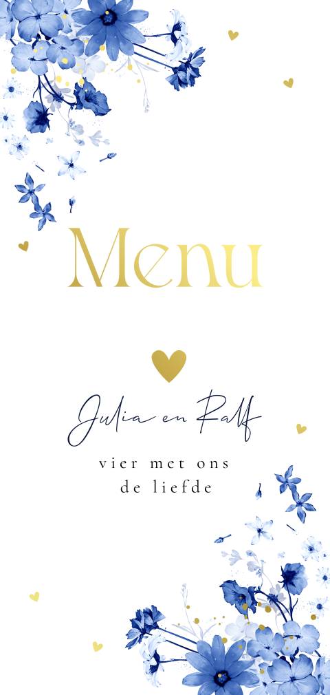 Menukaart huwelijk langwerpig blauw bloemen goudfolie