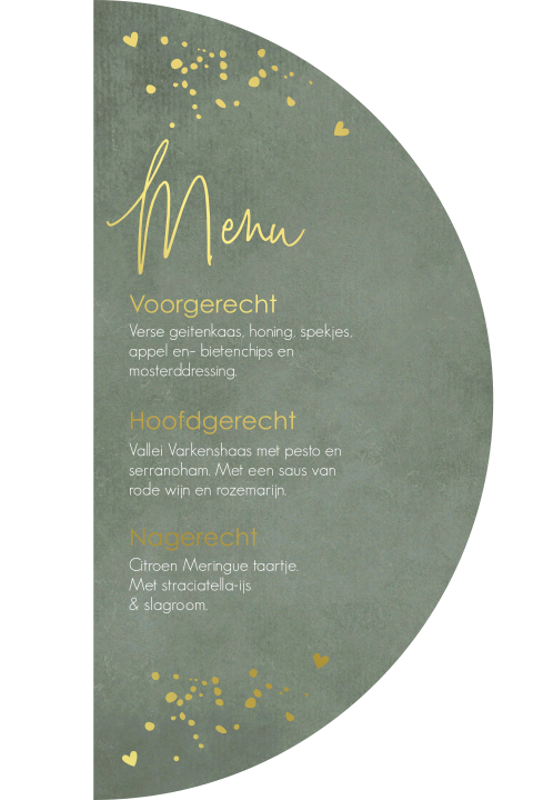 Menukaart originele vorm half rond groen goudfolie