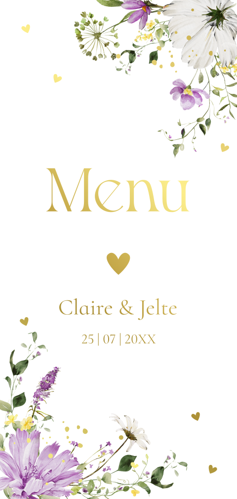 Menukaart huwelijk langwerpig bloemen paars goudfolie