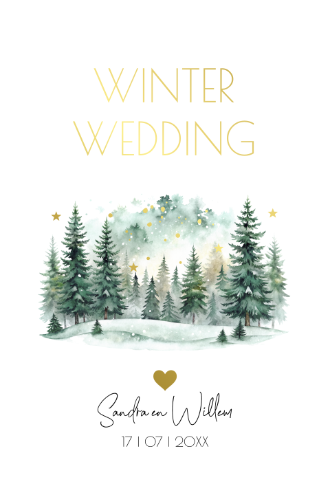 Winter Wedding trouwkaart ovaal forrest trees groen goudfolie