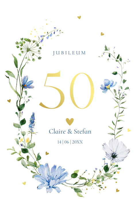 Uitnodiging jubileum 50 jaar getrouwd veldbloemen blauw boog goudfolie