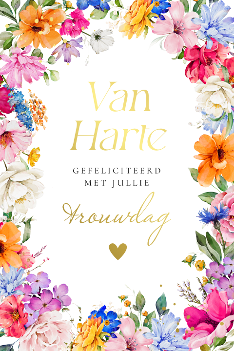 Felicitatie jubileum huwelijk bloemen goudfolie