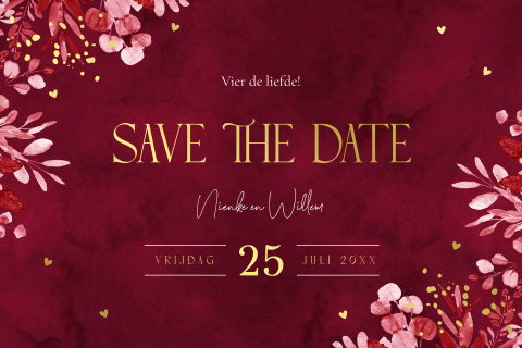 Save the Date kaart rood botanisch bladeren goudfolie