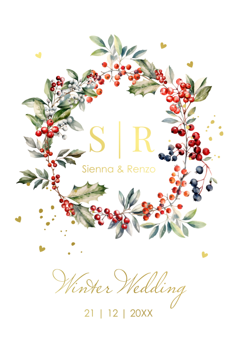 Winter Wedding trouwkaart botanisch groen goudfolie