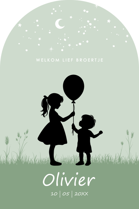 Geboortekaartje silhouet broertje grote zus ballon groen boog