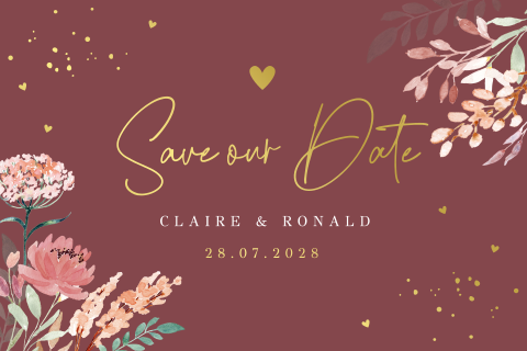 Save the Date kaart watercolour bloemen roze goudfolie