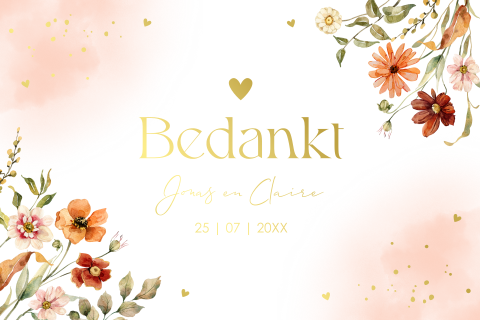 Bedankkaart huwelijk bloemen pasteloranje peach