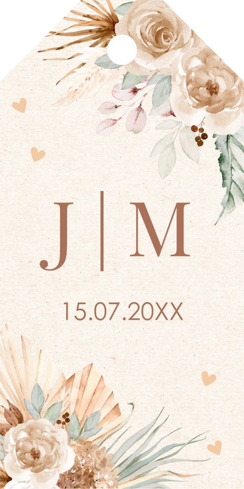 Bruiloft labeltje bohemian bloemen beige