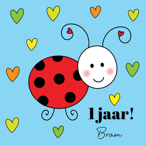 Verjaardagskaart kind jongen 1 jaar lieveheersbeestje hartjes blauw