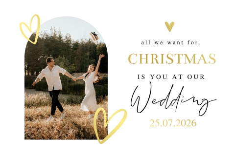 Save the Date kerstkaart wit foto boog hartjes goudfolie
