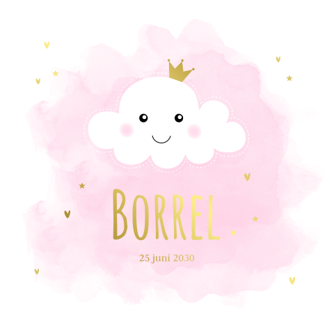 Babyborrelkaartje roze meisje wolkje goudfolie