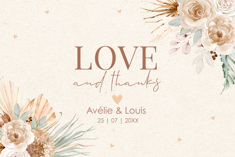 Bedankkaart huwelijk bohemian bloemen beige