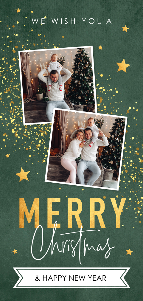 Kerstkaart groen foto sparkles sterren goudlook