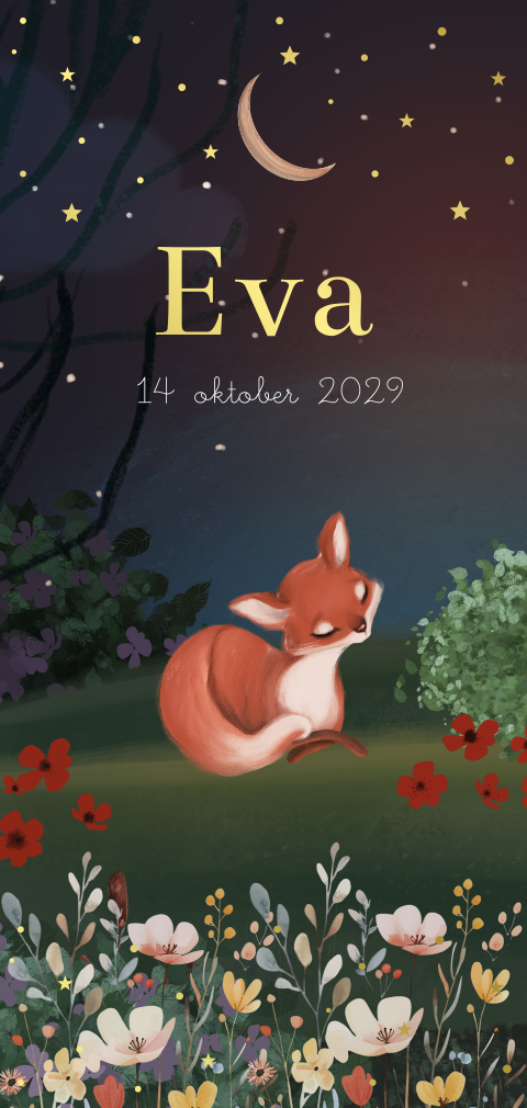 Geboortekaartje vosje langwerpig bij nacht bloemen