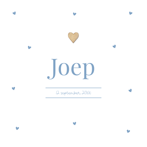 Geboortekaartje jongen wit hartjes blauw houten vormpje