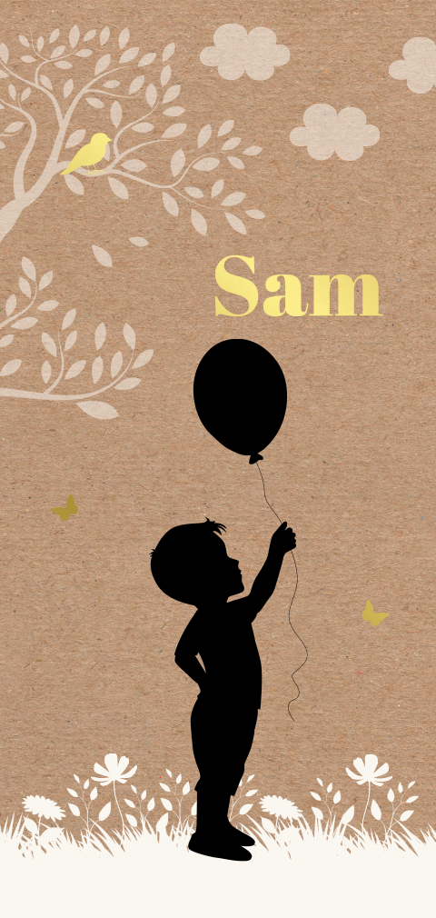 Geboortekaartje silhouet jongen ballon kraft look goudfolie