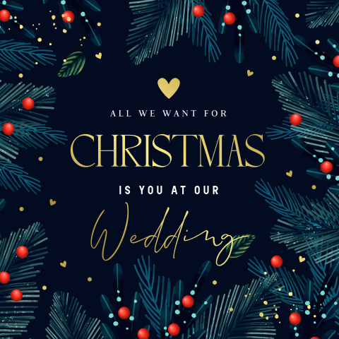 Save the Date kerstkaart blauw kersttakjes goudfolie