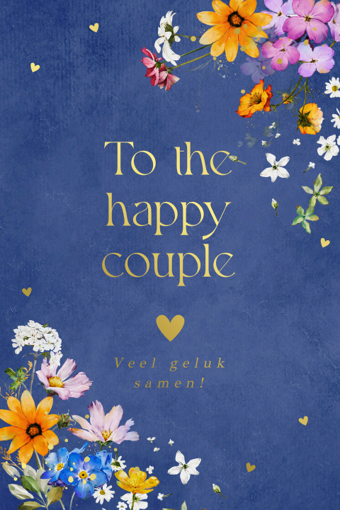 Felicitatie pas getrouwd bloemen blauw goudfolie