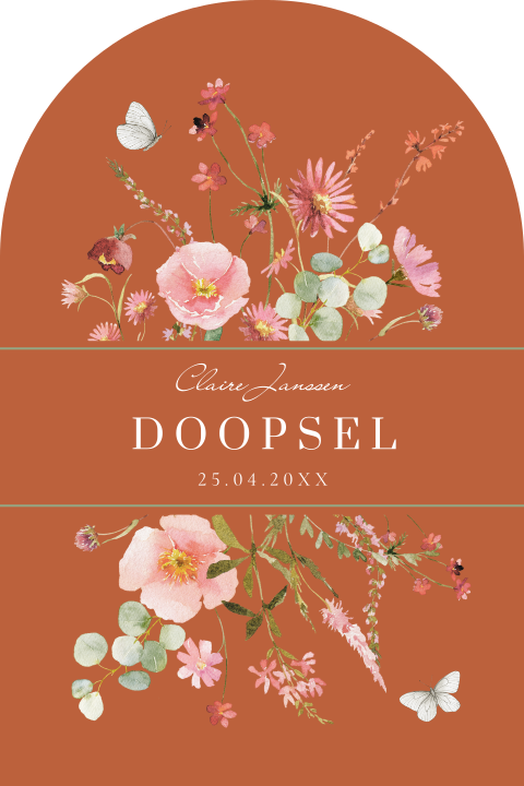 Doop uitnodiging doopkaart meisje boog bloemen roestbruin roze