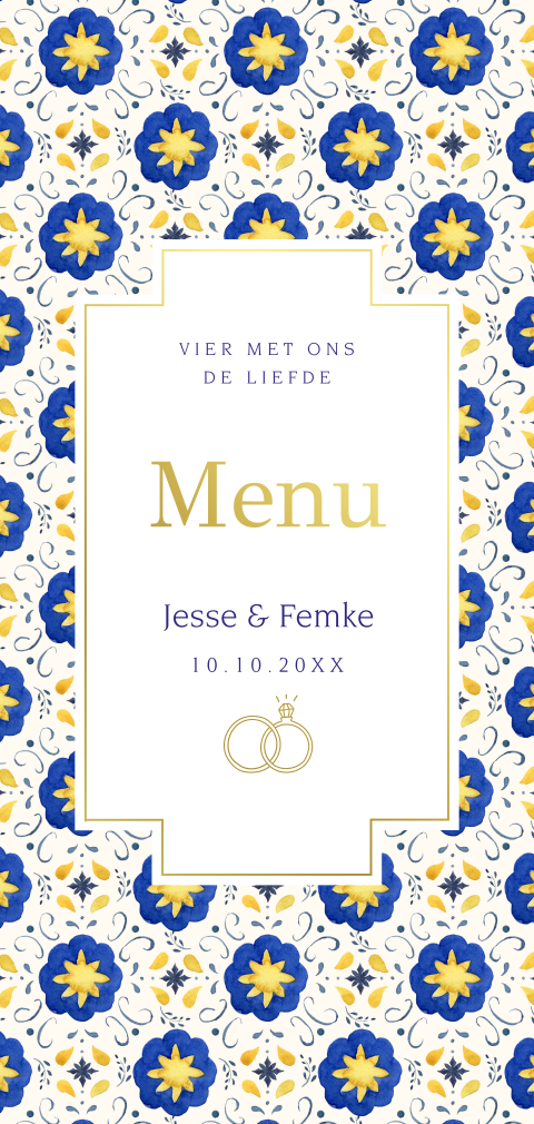Menukaart huwelijk mediterraans patroon met goudfolie