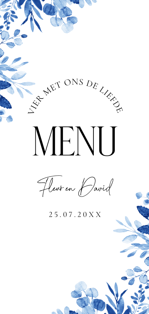 Menukaart huwelijk langwerpig delfts blauw bloemen floral