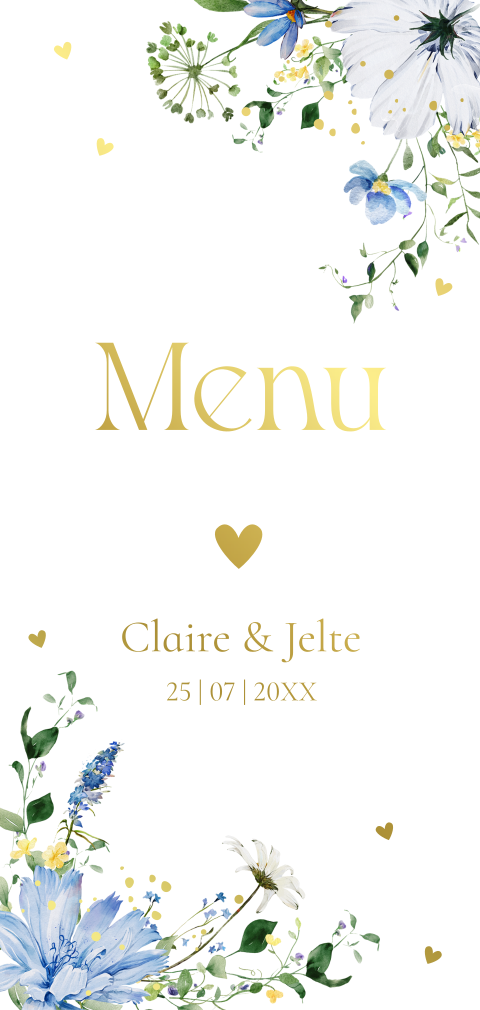 Menukaart bruiloft veldbloemen blauw goudfolie