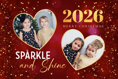 Sprankelende kerstkaart rood foto hartjes goudlook 2026