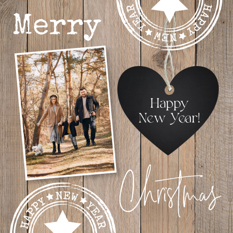 Kerstkaart met foto houtlook bruin hartje zwart