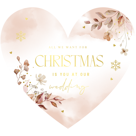 Save the Date kerstkaart hartjes vorm terracotta flowers goudfolie