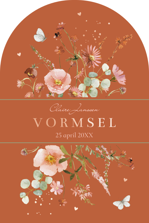 Uitnodiging vormsel meisje boog aquarel bloemen rosegoudfolie