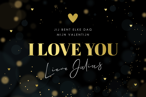 Valentijnskaart zwart love you hartje spetters goudfolie