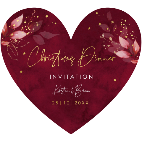 Kerstdiner uitnodiging hartje rood botanisch blaadjes goudfolie