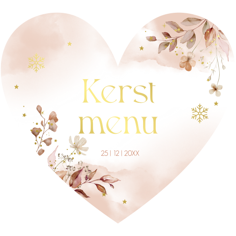 Kerstmenukaart vorm hartje bladeren watercolour roze goudfolie