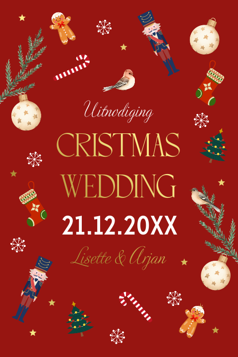 Christmas Winter Wedding trouwkaart rood figuurtjes goudfolie