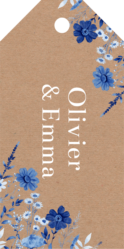 Labeltje huwelijk blauw bloemen kraftlook |  16 stuks