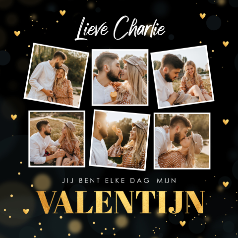 Valentijnskaart zwart goudlook fotocollage hartjes