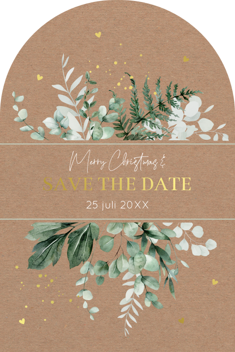 Save the Date kerstkaart botanisch groen bladeren boog kraft