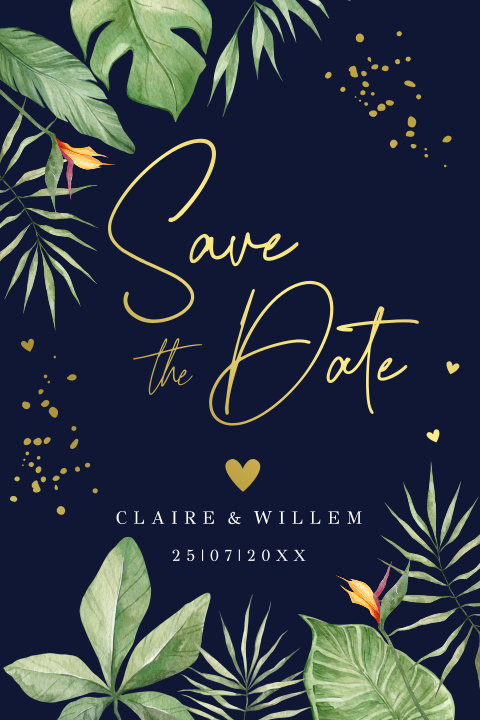 Save the Date uitnodiging tropisch groen bladeren goudfolie