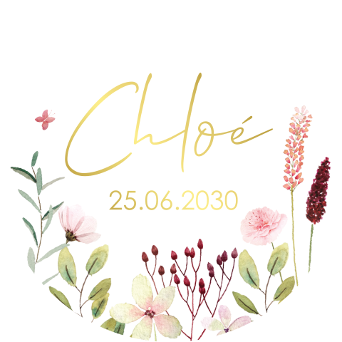 Sluitsticker "Baby news" zomerbloemen goudfolie | 25 stuks