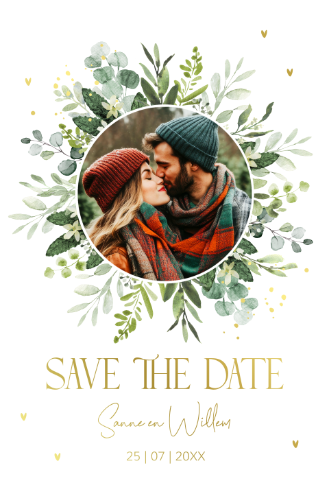 Save the date kaart foto rond botanisch groen goudfolie