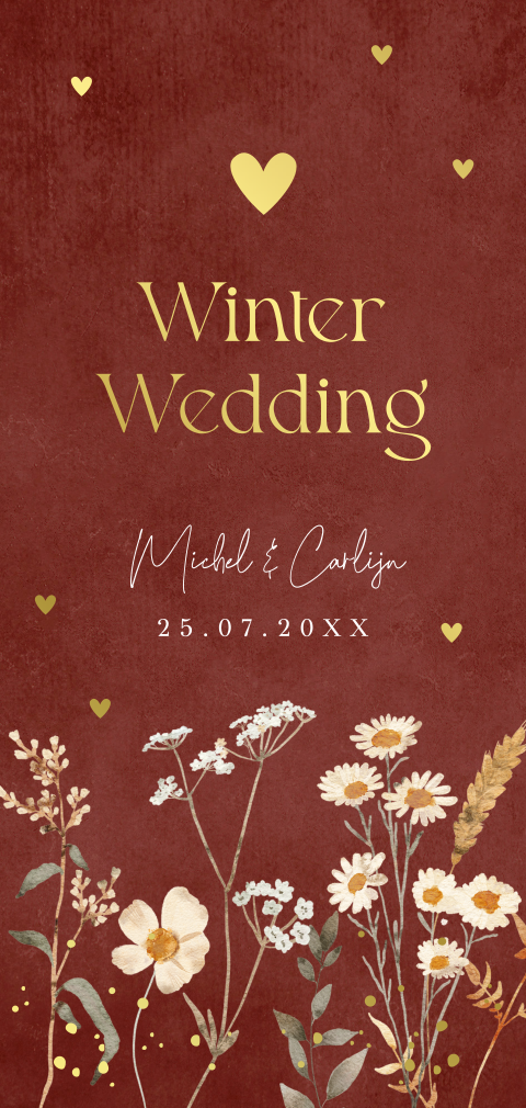 Winter Wedding trouwkaart rood langwerpig bloemen goudfolie