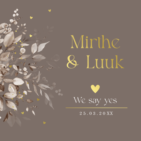Trouwkaart bruin taupe floral goudfolie