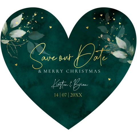Save the Date kerstkaart hartje groen botanisch blaadjes goudfolie