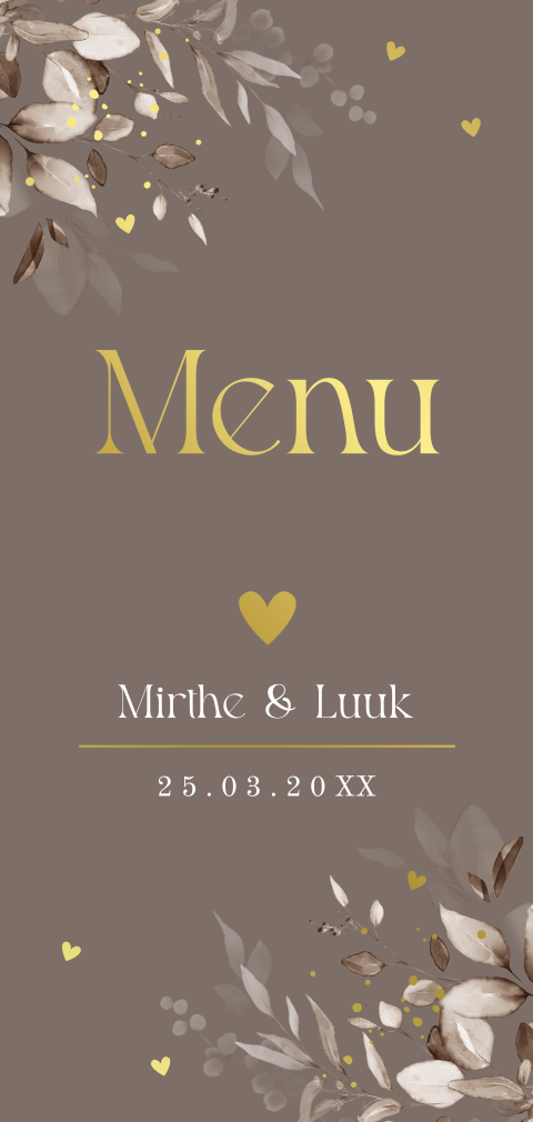 Menukaart huwelijk taupe floral goudfolie langwerpig