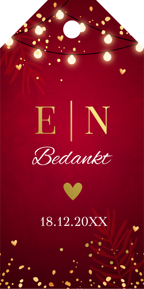 Bruiloft labeltjes winterwedding rood lampjes goudfolie