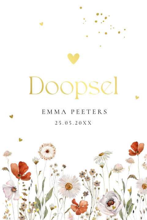 Doop uitnodiging bloemen meisje goudfolie boog