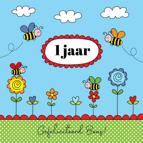 Verjaardagskaart kind 1 jaar jongen dieren bijtjes bloemen blauw