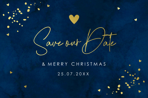 Save the Date kerstkaart blauw hartje goudfolie