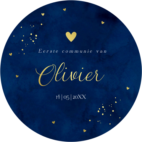 Communie uitnodiging rond jongen blauw hartjes goudfolie