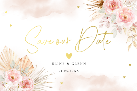 Save the Date uitnodiging bohemian bloemen roze goudfolie